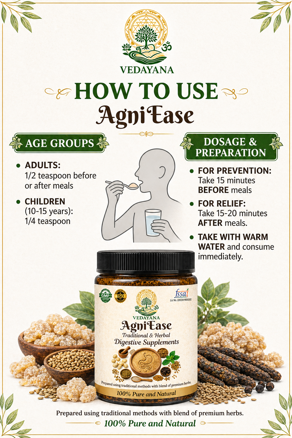 AgniEase how to use digestive supplement instructions by Vedayana | 
dosage guidelines and usage directions for digestive health