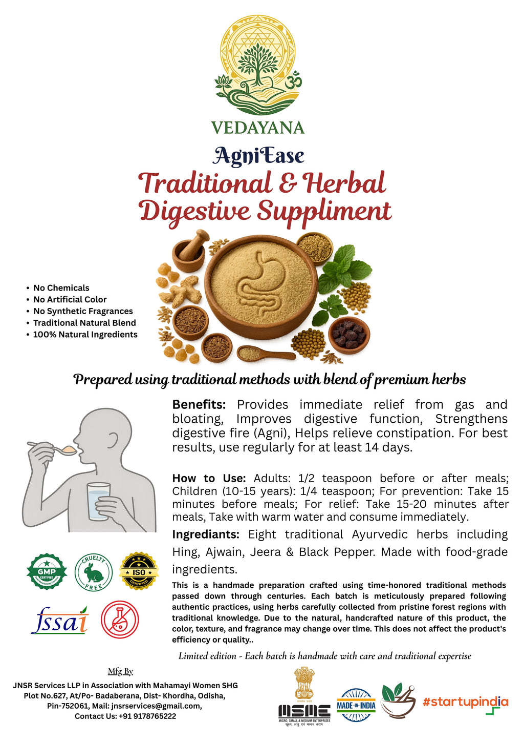 AgniEase natural digestive supplement product information and 
wellness benefits by Vedayana | herbal Ayurvedic formula guide