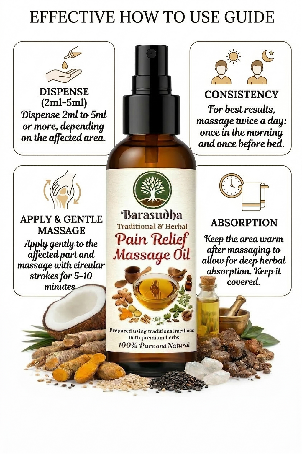 Barasudha massage oil bottle with usage instructions | natural pain 
relief oil for joints and muscles by Vedayana