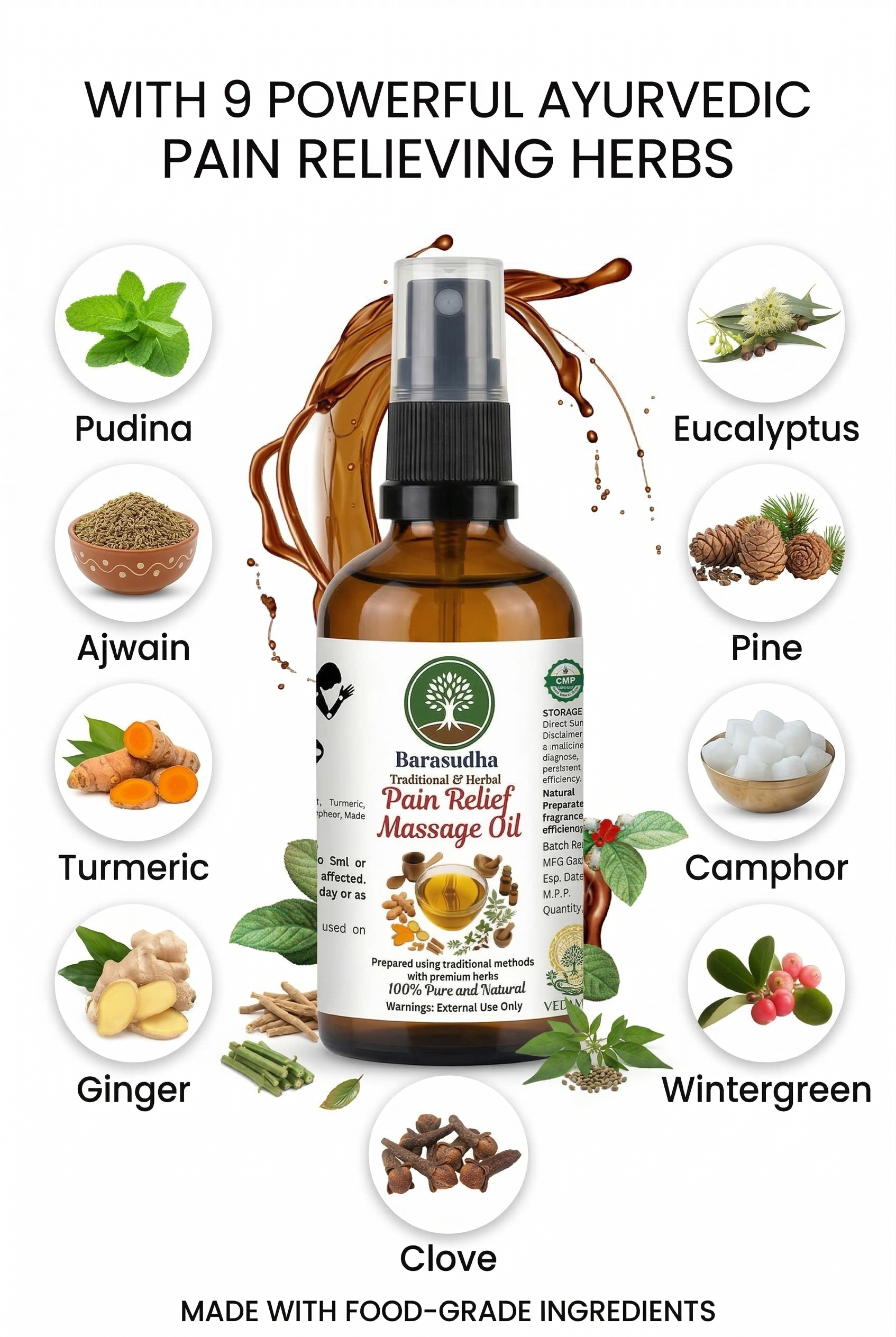 Barasudha Ayurvedic herbs ingredients for pain relief | deep tissue 
massage oil natural herbal formula by Vedayana