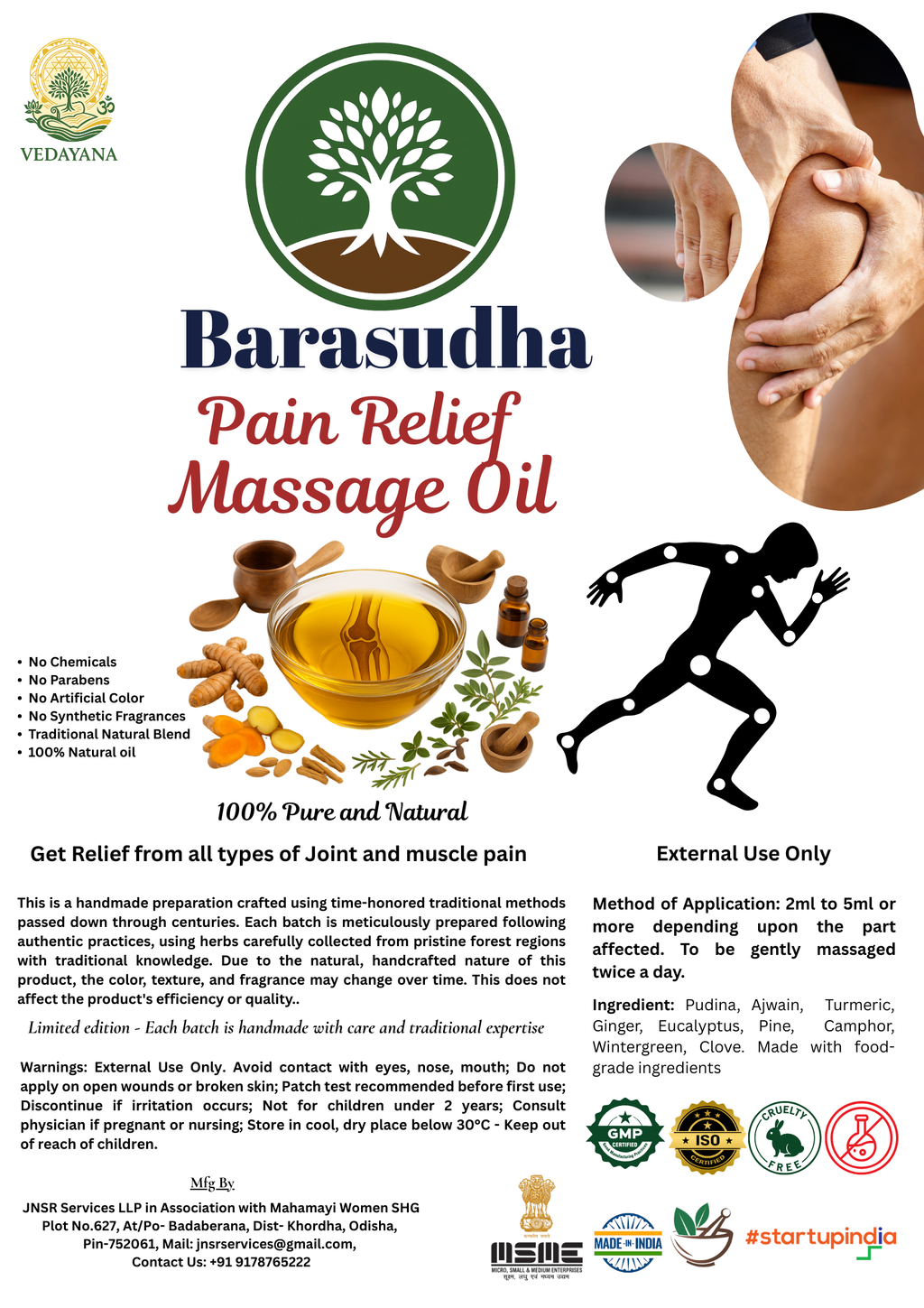 Barasudha Pain Relief Massage Oil with product details and usage instructions.