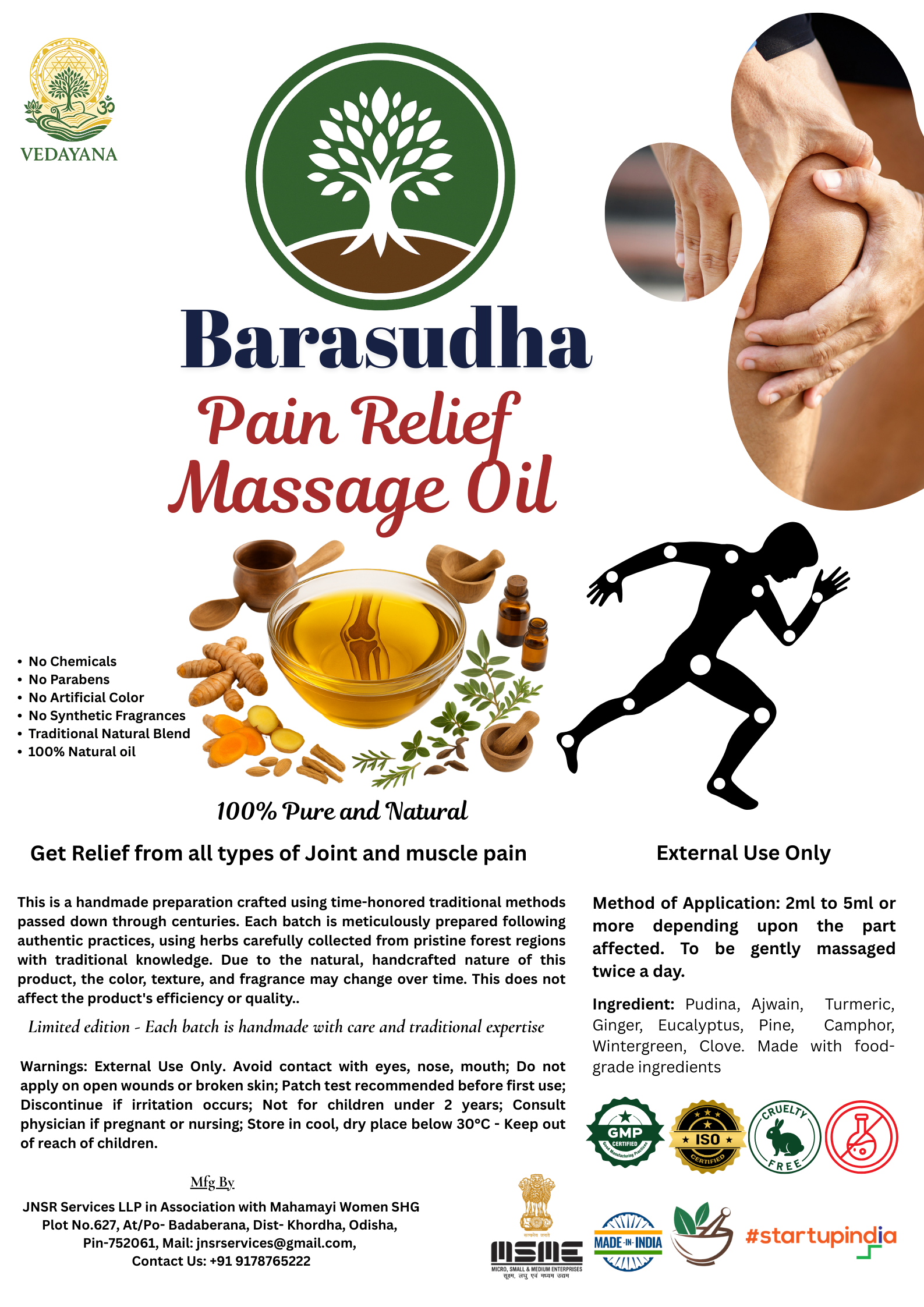 Barasudha Pain Relief Massage Oil with product details and usage instructions.