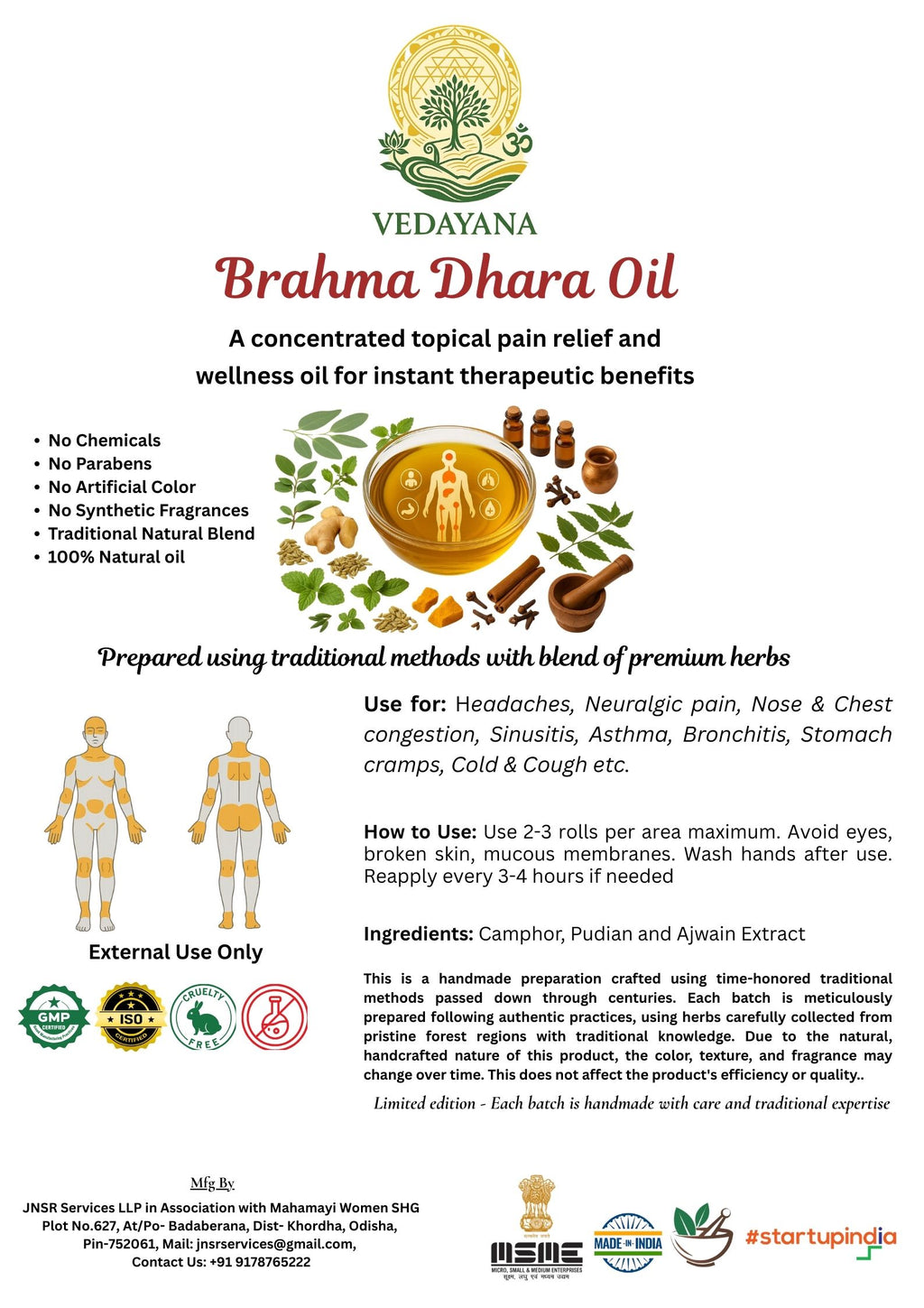 Vedayana Brahma Dhara Oil with product details and usage instructions.