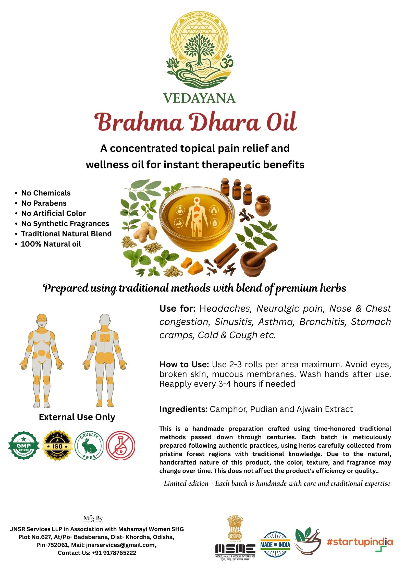 Vedayana Brahma Dhara Oil with product details and usage instructions.