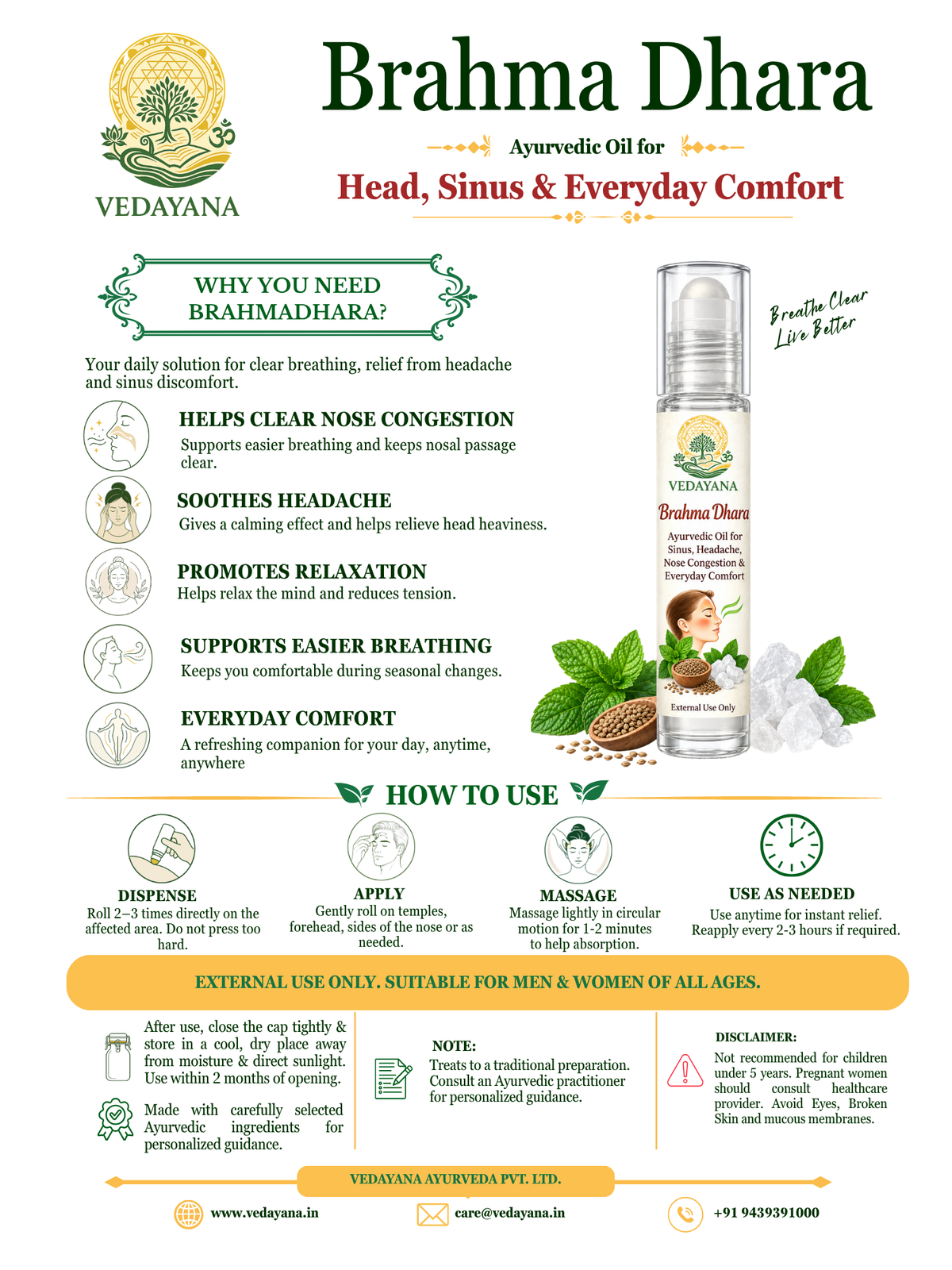 Brahma Dhara - Ayurvedic Oil for Sinus, Headache, Nose Congestion & Everyday Comfort