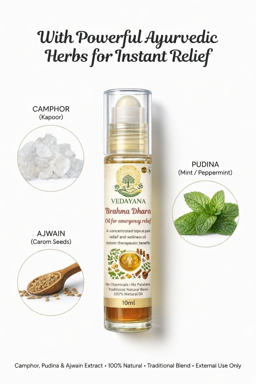 Brahma Dhara Ayurvedic herbs ingredients for headache relief | 
camphor Ajwain natural herbal formula by Vedayana