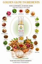 Golden Glow Ayurvedic herbs ingredients for skin glow | turmeric 
sandalwood natural herbal face oil by Vedayana