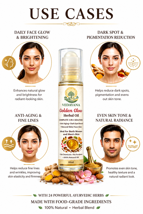 Golden Glow face oil use cases skin brightening glow anti-aging by 
Vedayana | natural herbal face oil