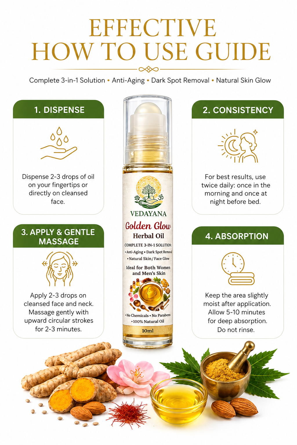 Golden Glow face oil bottle with usage instructions | natural 
brightening and glow oil by Vedayana