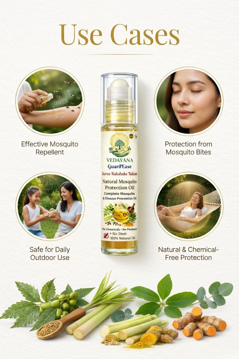 GuardEase mosquito protection oil use cases natural repellent by 
Vedayana | outdoor indoor mosquito defense