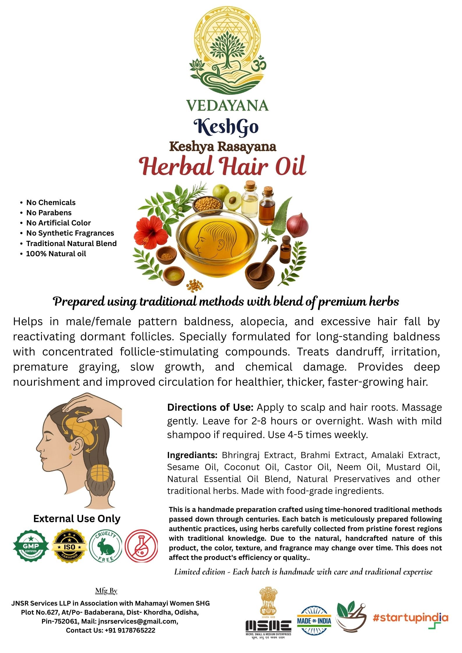 Vedayana Keshyo Herbal Hair Oil packaging with product details, instruction and branding.