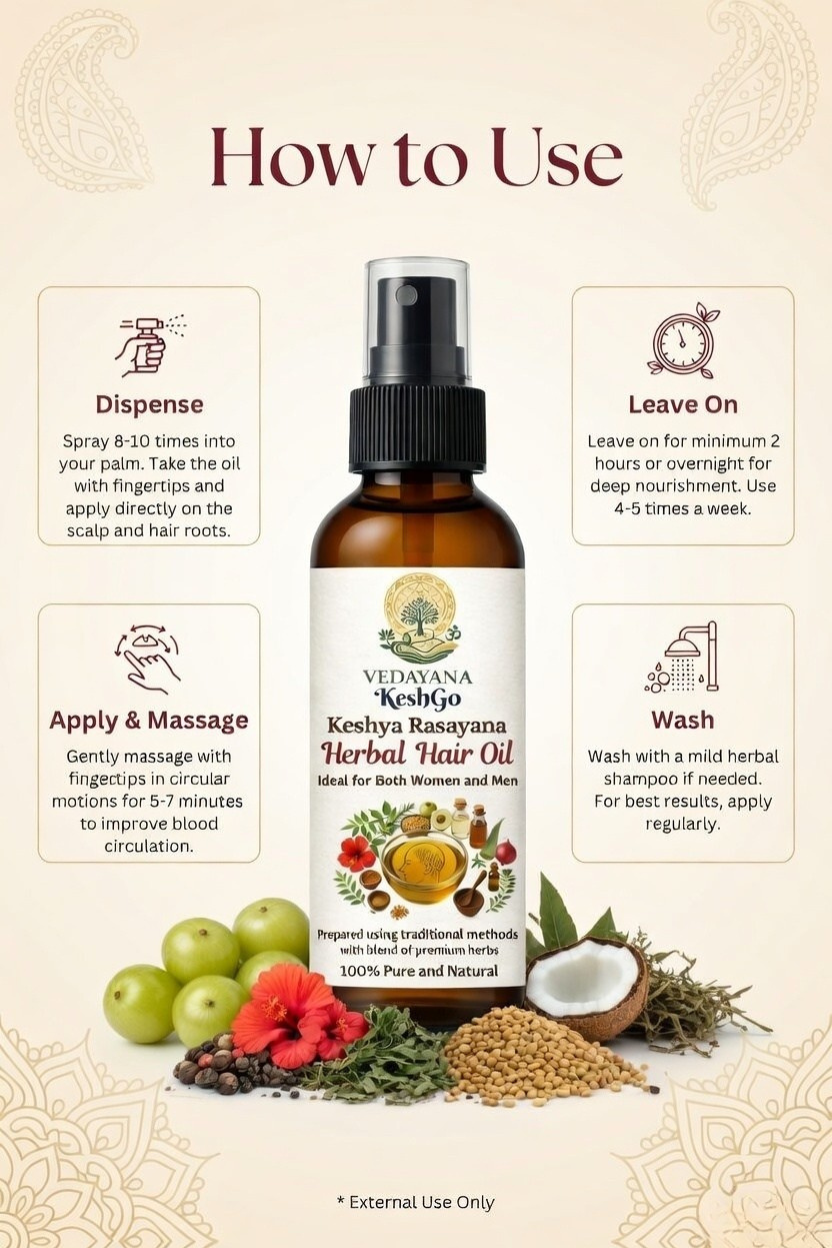 Keshgo hair oil bottle with usage instructions | natural hair fall 
control and growth oil by Vedayana