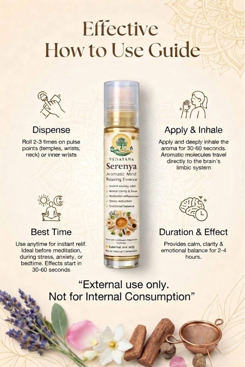 Serenya bottle with usage instructions and product details | natural 
aromatic essence for deep sleep and anxiety relief