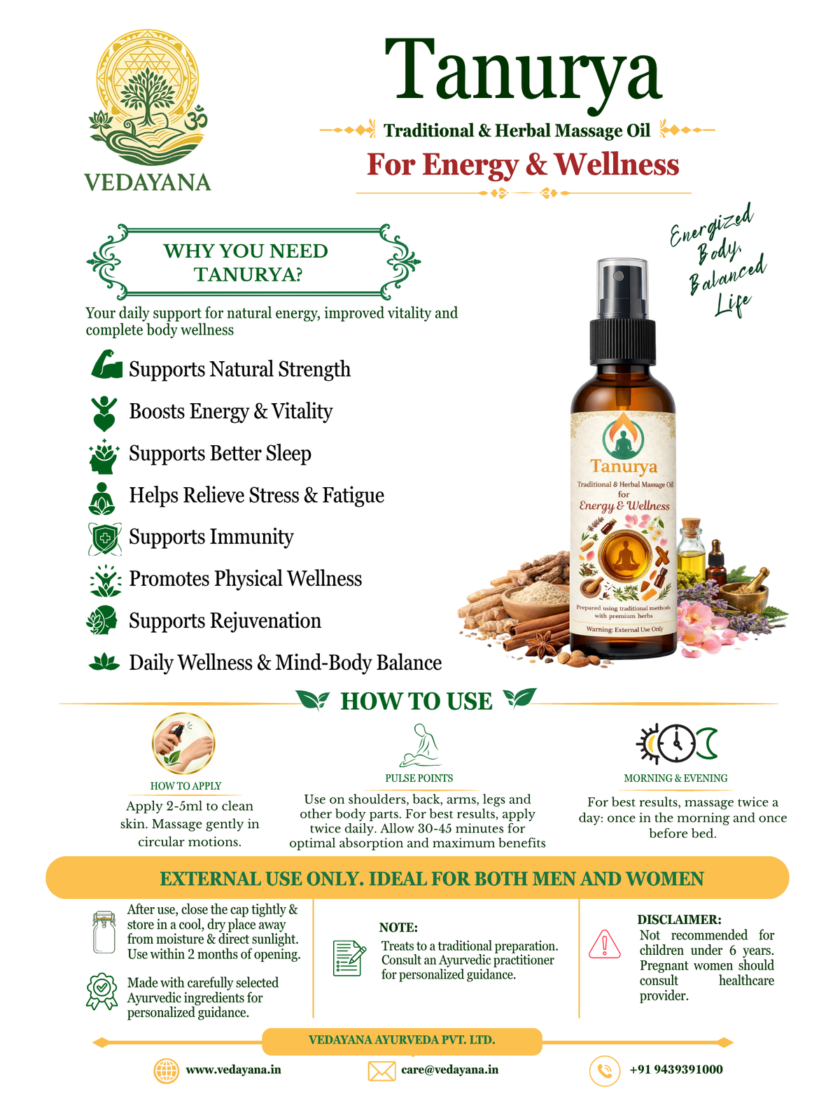 Tanurya - Ayurvedic Body Massage Oil for Energy, Circulation & Daily Vitality
