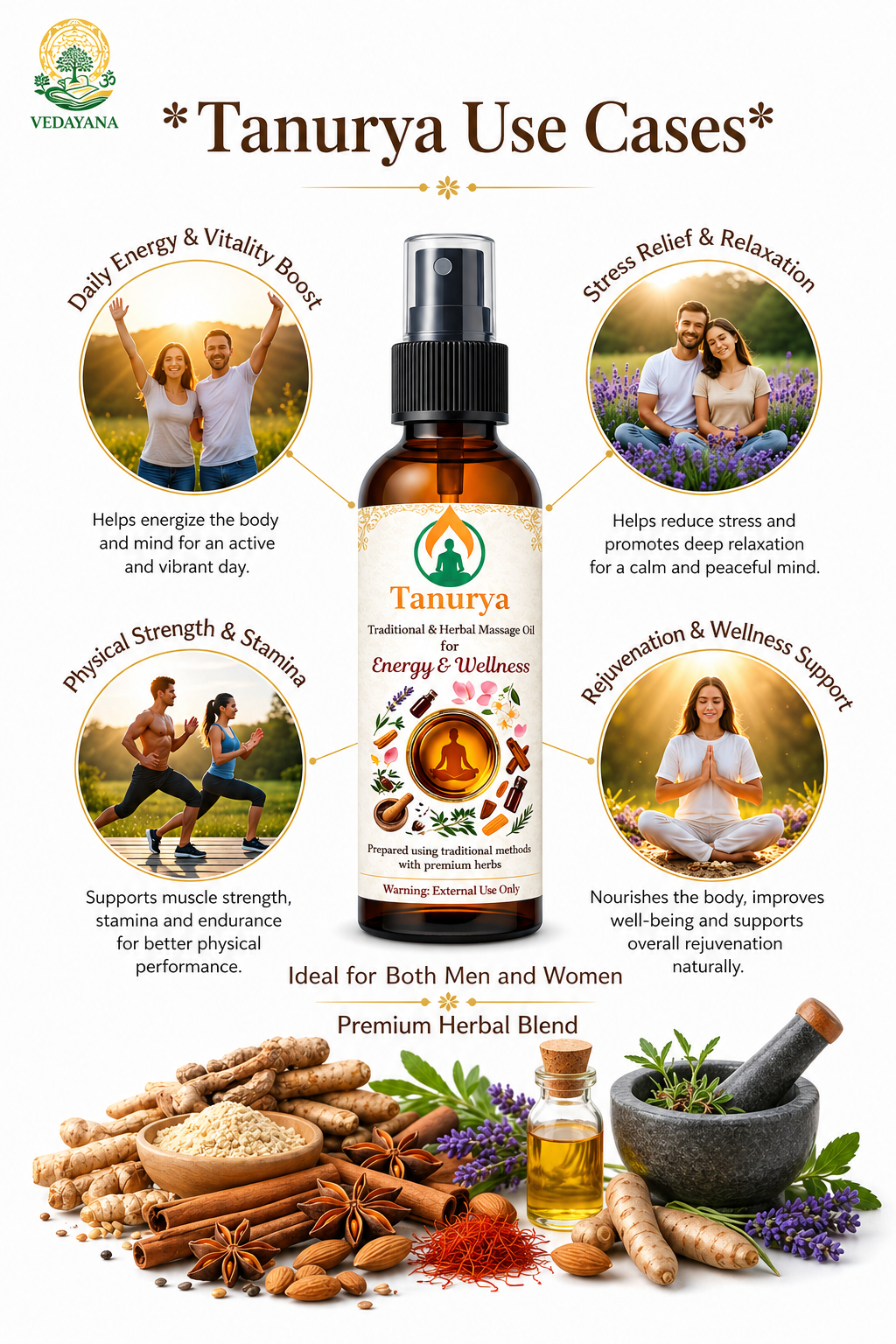 Tanurya product with uses cases and ingredients on a wooden surface
