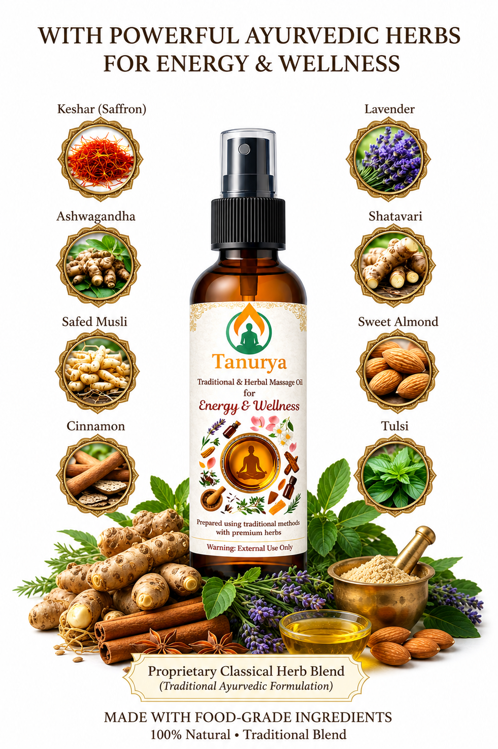 Tanurya Herb product with herbs and ingredients on a beige background